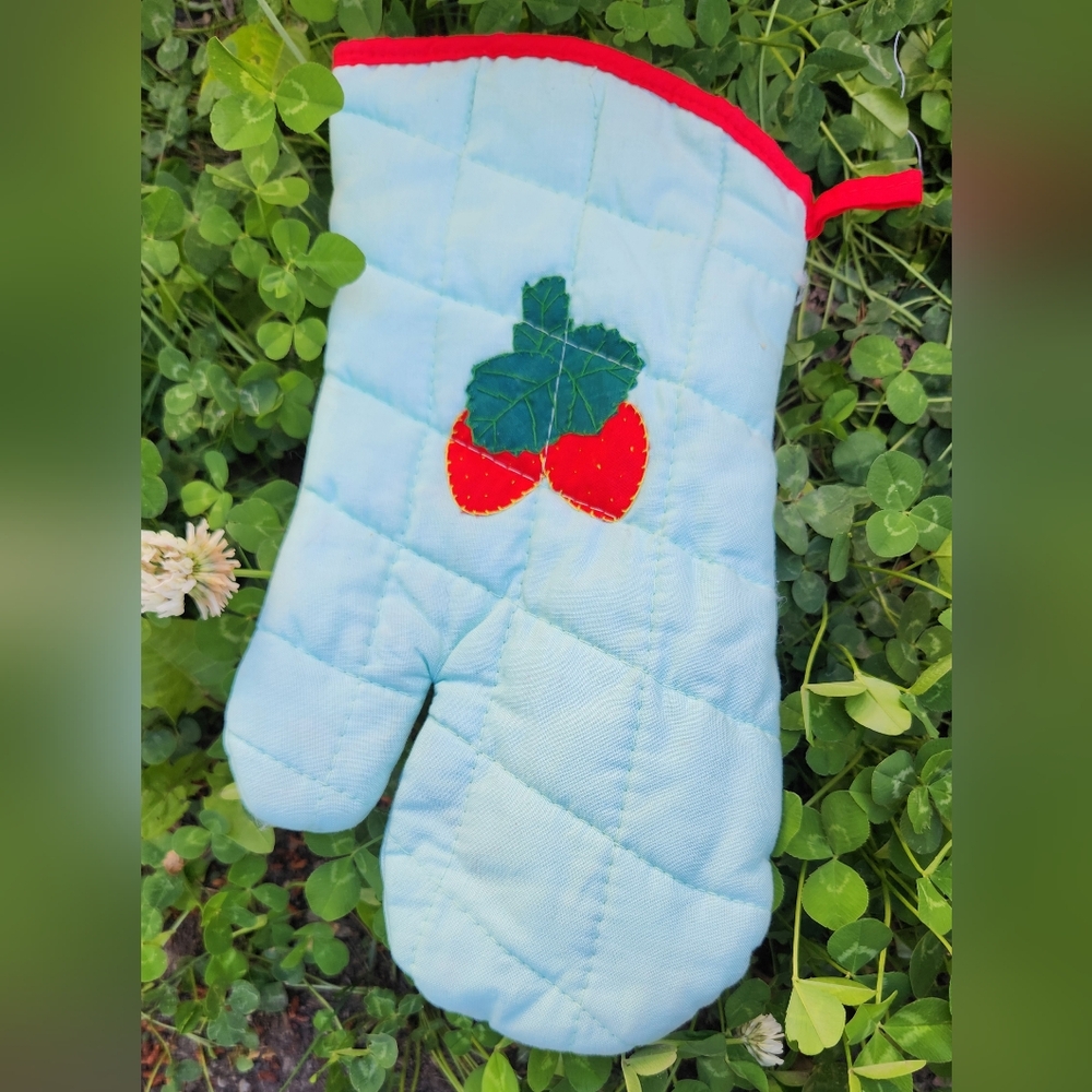 Hand Stitched Strawberry Oven Mitt -‎ Blue and Red Sweet Cottagecore